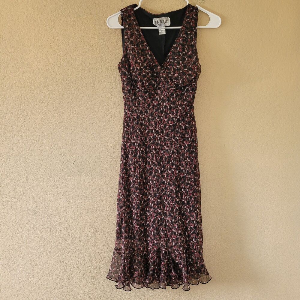 Vtg 90s Y2K La Belle Floral Midi Dress Sz 3 Chiffon Babydoll Soft Romantic Fairy